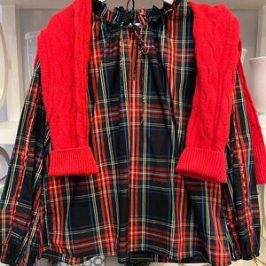 J. Crew Festive Plaid Blouse and Aerie Red Cable Sweater